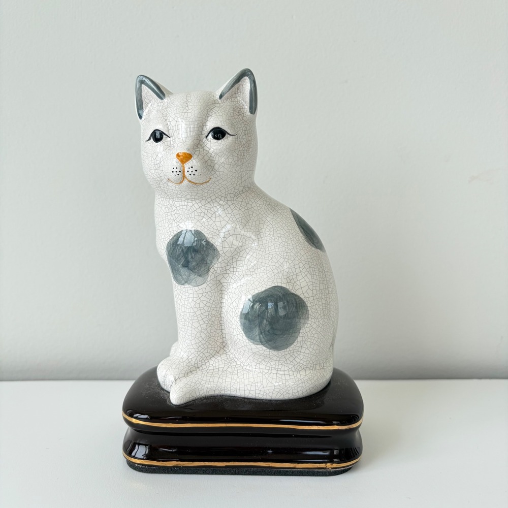 Vintage Crackle Glaze Ceramic Cat Figurine Grey Spotted Hand Painted 7 Inch